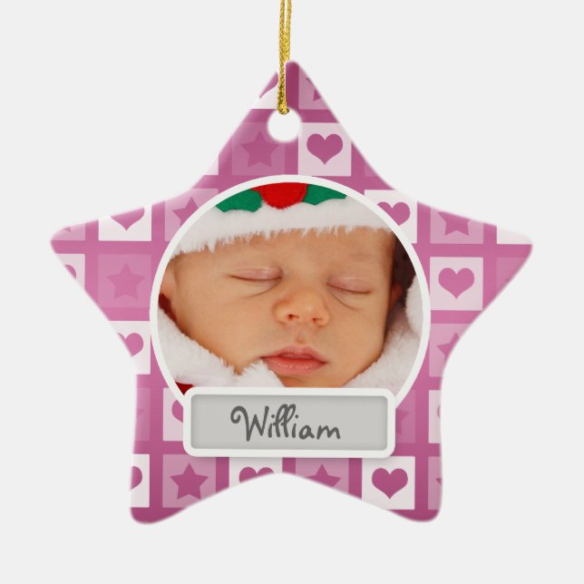 Baby's First Christmas Hearts & Stars Pink Ceramic Tree Decoration (Front)