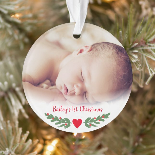 Baby's First Christmas Holly Branch Berries Photo Ornament (Tree)
