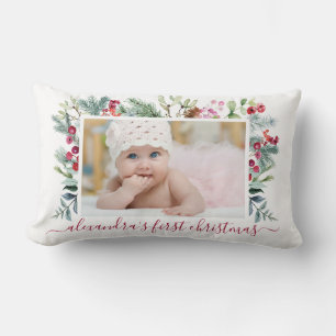Baby's First Christmas Holly Watercolor Photo Lumbar Cushion