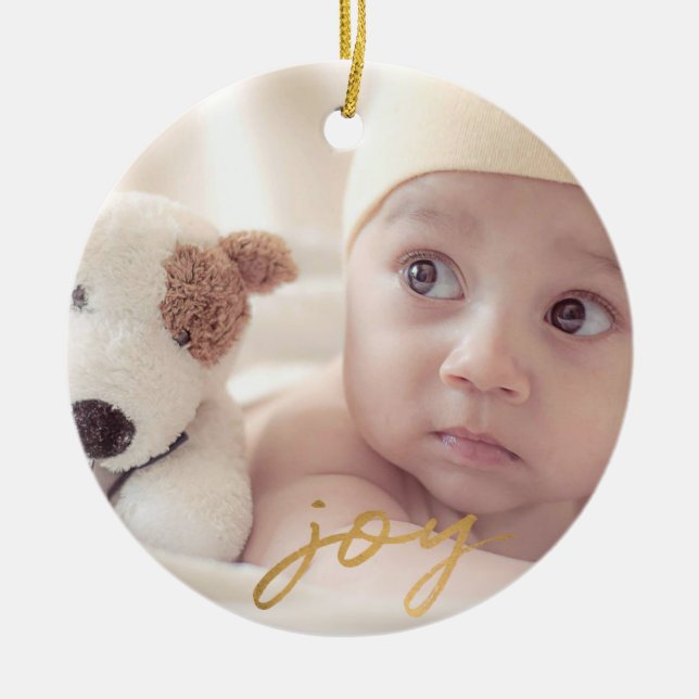 Babys First Christmas Joy Gold Snowflakes Custom Ceramic Tree Decoration (Front)