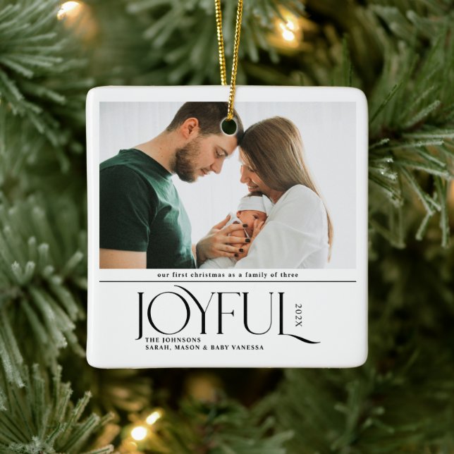 Babys First Christmas Joyful Birth Announcement Ceramic Ornament (Tree)