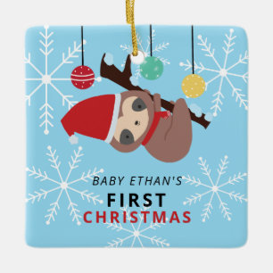 Baby's First Christmas Kawaii Sloth Winter Holiday Ceramic Ornament