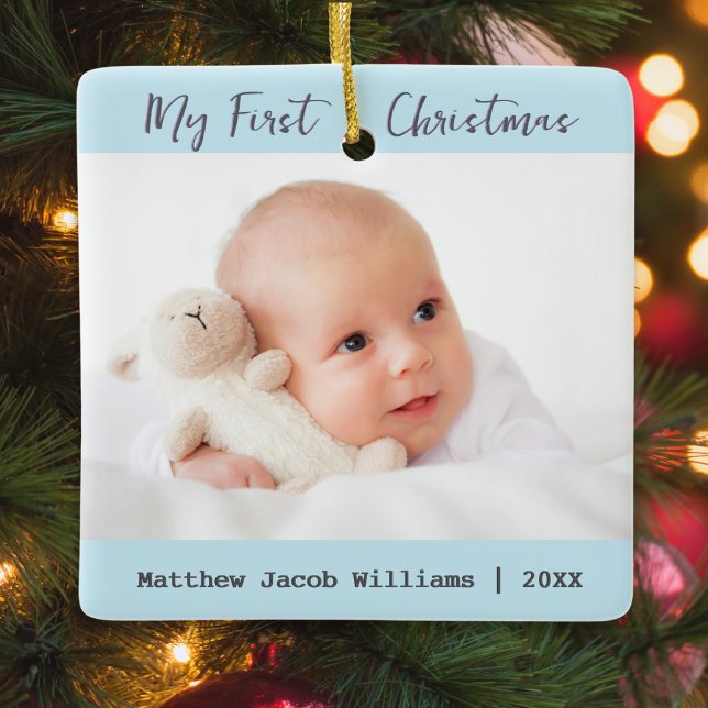 Baby's First Christmas Keepsake Personalised Ceramic Ornament (A personalized Christmas tree ornament for baby's first Christmas, with custom photos and text)