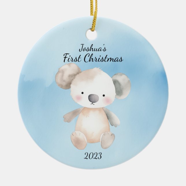 Baby's First Christmas KoalaBear Blue Personalised Ceramic Tree Decoration (Front)