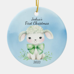 Baby's First Christmas Lamb Blue Personalized Ceramic Tree Decoration