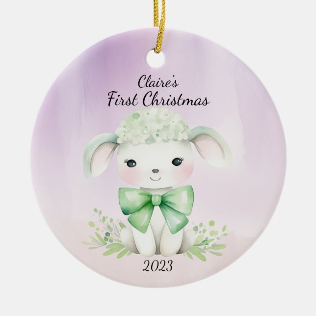 Baby's First Christmas Lamb Personalised Ceramic Tree Decoration (Front)