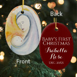 Baby's First Christmas Madonna and Child  Ceramic Tree Decoration<br><div class="desc">This Madonna and Child ornament ornament can be personalized to fit your occasion. The front is designed with an inspirational watercolor image, and the back color with text can be changed to suit holiday gifts or birthdays for newborns. This image can be purchased as is, or transferred to another product....</div>