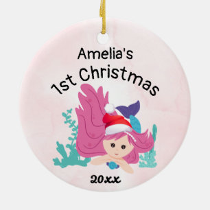 baby's first christmas mermaid 2023 Pink Custom  Ceramic Tree Decoration