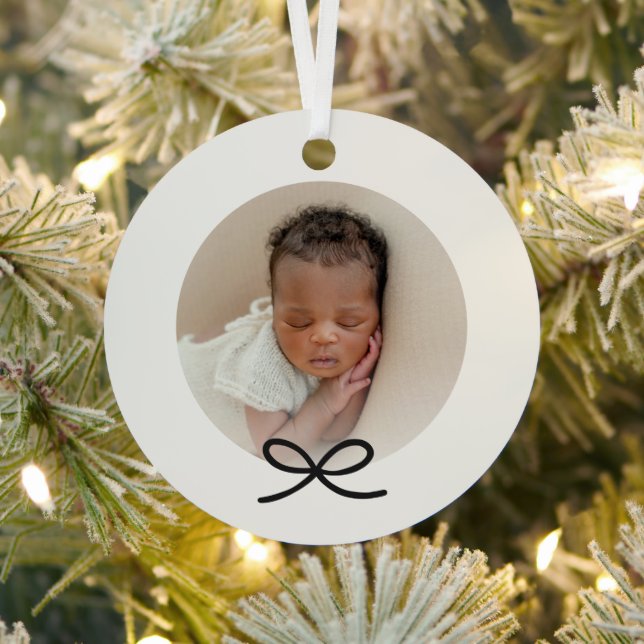 Baby's First Christmas Minimal Black Bow Photo Metal Tree Decoration (Insitu)
