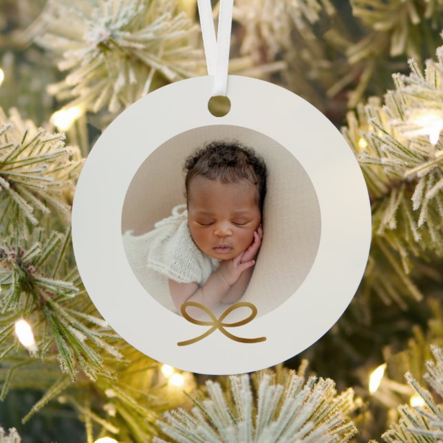Baby's First Christmas Minimal Gold Bow Photo Metal Tree Decoration (Insitu)