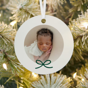 Baby's First Christmas Minimal Green Bow Photo Metal Tree Decoration
