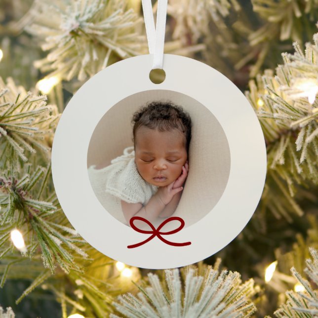 Baby's First Christmas Minimal Red Bow Photo Metal Tree Decoration (Insitu)
