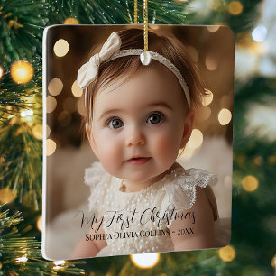 Baby's First Christmas Minimalist Script 2 Photo Ceramic Ornament