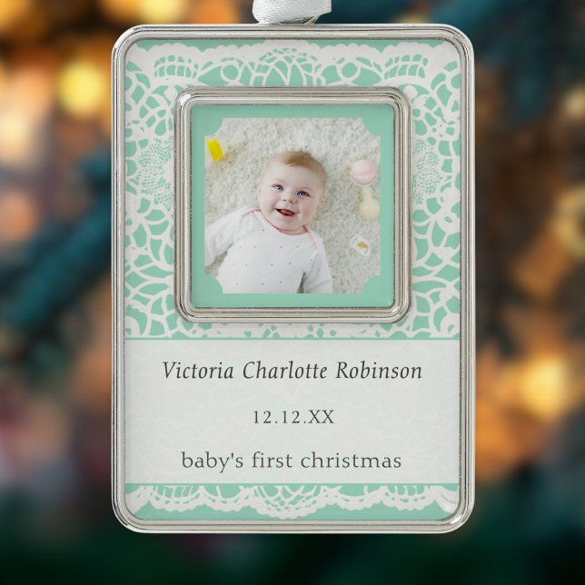 Baby's First Christmas Mint Green Lace Photo Silver Plated Framed Ornament (An ornament for baby's first Christmas, in light green with white lace effect, custom photo and text)
