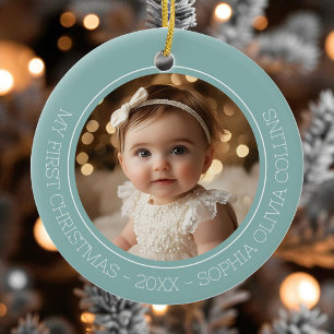 Baby's First Christmas Mint Modern 2 Photo Newborn Ceramic Tree Decoration