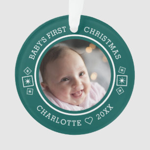 Baby's First Christmas Modern 2 Photo Green Ornament