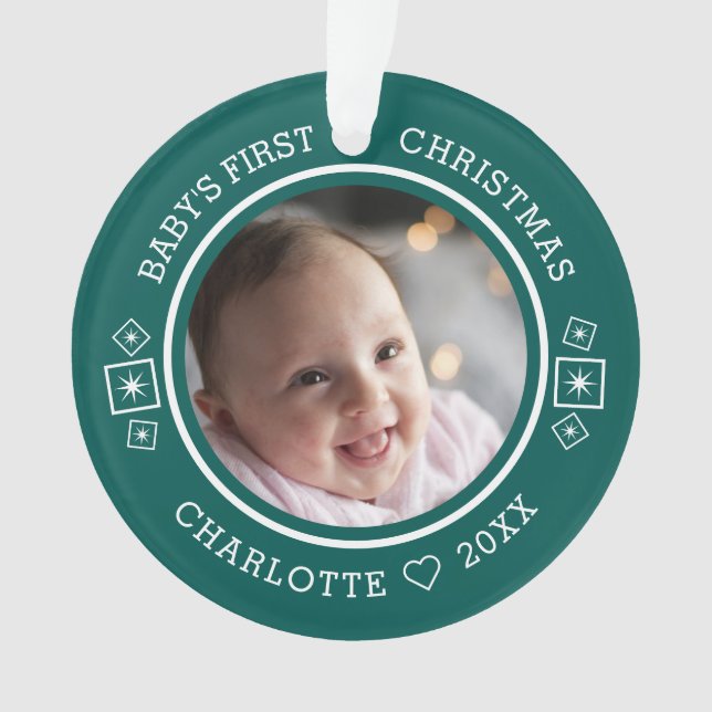 Baby's First Christmas Modern 2 Photo Green Ornament (Front)
