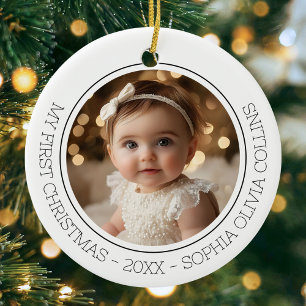 Baby's First Christmas Modern 2 Photo Newborn Name Ceramic Tree Decoration