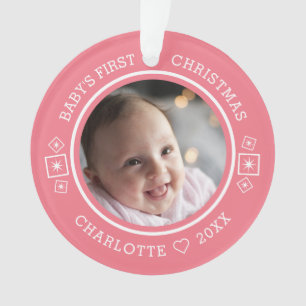 Baby's First Christmas Modern 2 Photo Pink Ornament