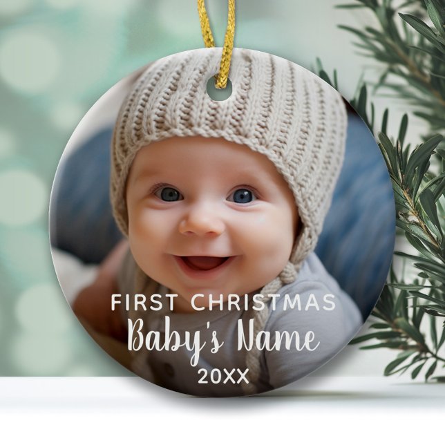 Baby's First Christmas - Modern Calligraphy Ceramic Tree Decoration (Baby's First Christmas Ornament with Photo and Modern Type)