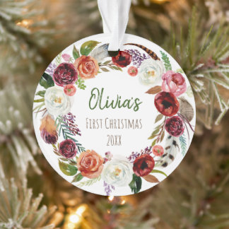 Baby's First Christmas Modern Floral Photo Ornament