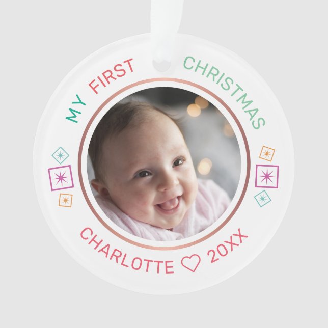 Baby's First Christmas Modern Photo Ornament (Front)