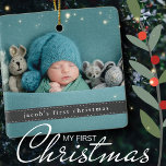 Baby's First Christmas Modern Ribbon Photo Ceramic Ornament<br><div class="desc">Cute Ribbon style with white stitch. Add a custom photo of your baby for baby's first Christmas holiday celebration.</div>