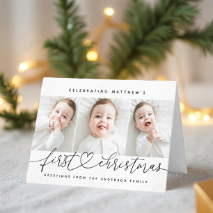 Baby's First Christmas Modern Simple 3 Photo Holiday Card