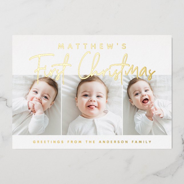 Baby's First Christmas Modern Simple Three Photo Foil Holiday Card (Front)