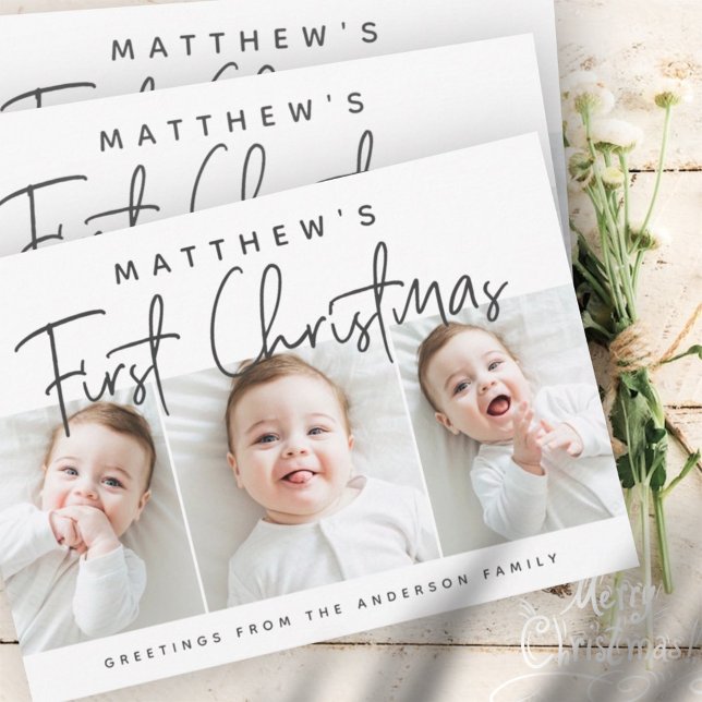 Baby's First Christmas Modern Simple Three Photo Holiday Card (Creator Uploaded)