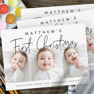 Baby's First Christmas Modern Simple Three Photo Holiday Postcard