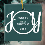 Baby's First Christmas Name Green Keepsake Ceramic Ornament<br><div class="desc">This keepsake Baby's First Christmas Ornament is decorated with the word JOY in stylish script typography on a green background.
Easily customisable.</div>