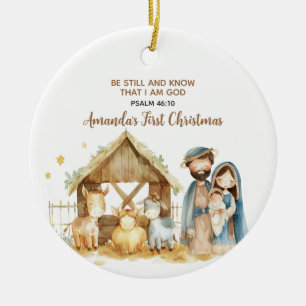 Baby's First Christmas Nativity Animal Bible Verse Ceramic Tree Decoration