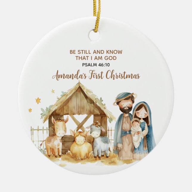 Baby's First Christmas Nativity Animal Bible Verse Ceramic Tree Decoration (Front)