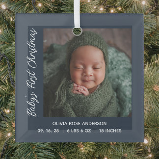 Babys First Christmas Navy Blue Photo Glass Tree Decoration