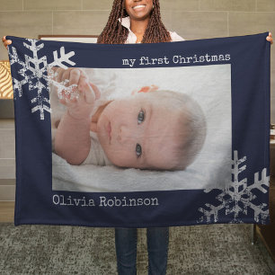 Baby's First Christmas Navy Blue Photo Snowflakes Fleece Blanket