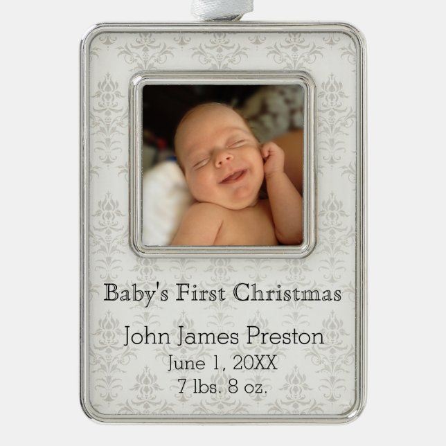 Baby's First Christmas on Silver Damask Plated Framed Ornament (Front)