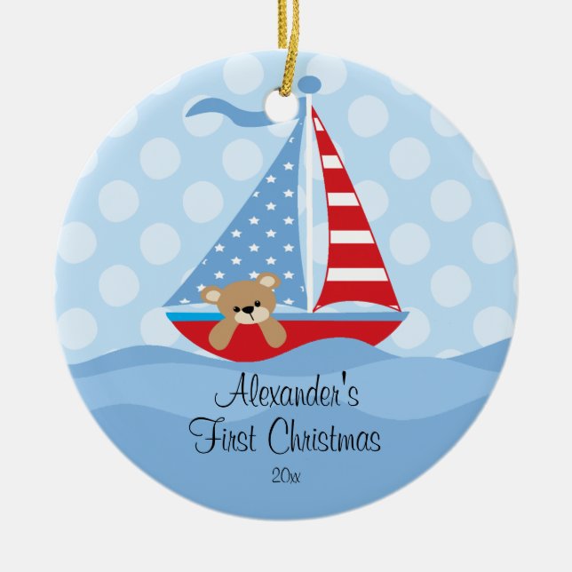 Baby's First Christmas Ornament Sailboat Baby Boy (Front)
