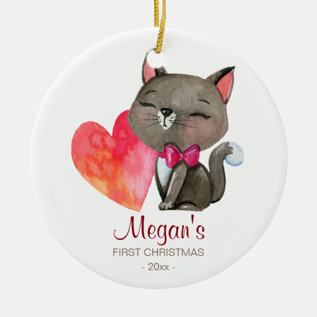Baby's first Christmas ornament watercolor kitten (Front)