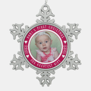 Baby's First Christmas - Our greatest gift RED Snowflake Pewter Christmas Ornament