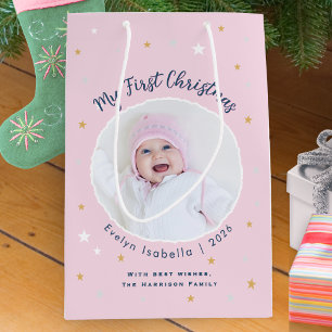 Baby's First Christmas Pastel Pink Custom Photo Medium Gift Bag