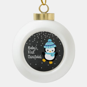 Baby's First Christmas Penguin Chalkboard Ceramic Ball Christmas Ornament