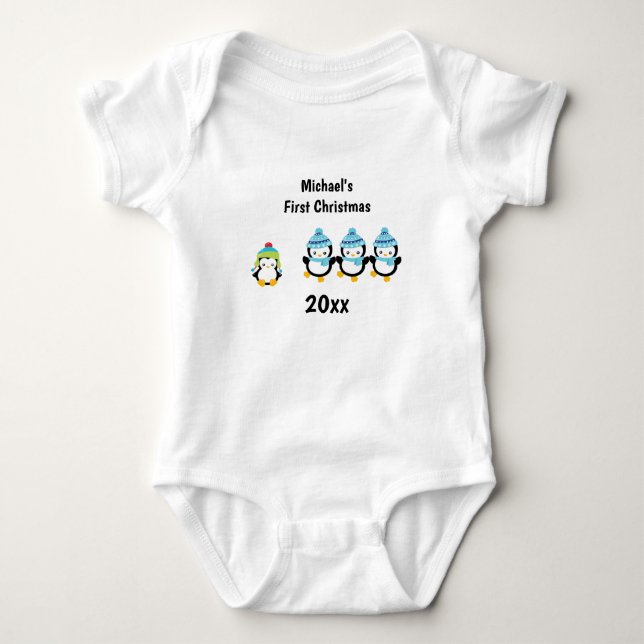 Baby's First Christmas Penguins Baby Bodysuit (Front)