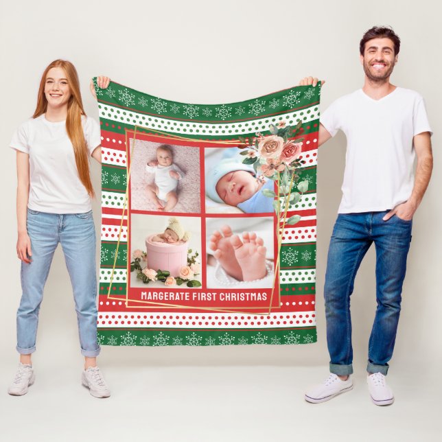 Baby's First Christmas Personalised 4 Photo  Fleece Blanket (In Situ)