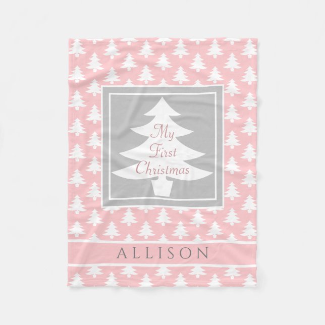 Baby's First Christmas Personalised Blush Pink Fleece Blanket (Front)