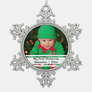 Babys First Christmas Personalised Photo Template Snowflake Pewter Christmas Ornament