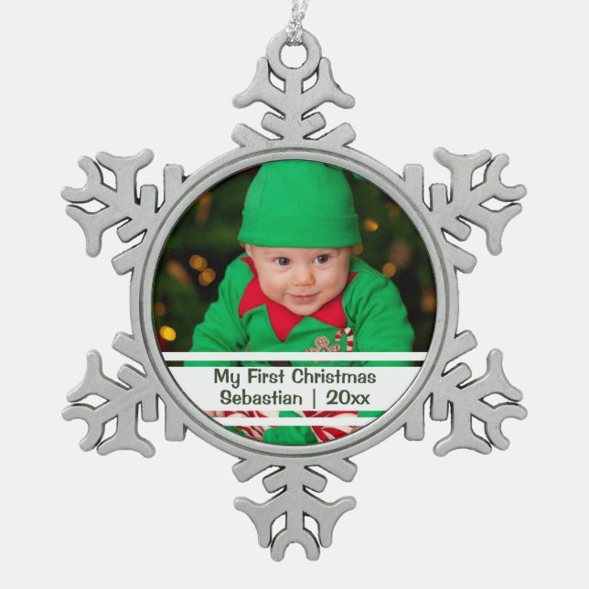 Babys First Christmas Personalised Photo Template Snowflake Pewter Christmas Ornament (Front)