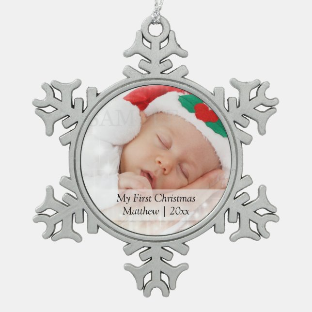 Babys First Christmas Personalised Photo Template Snowflake Pewter Christmas Ornament (Front)