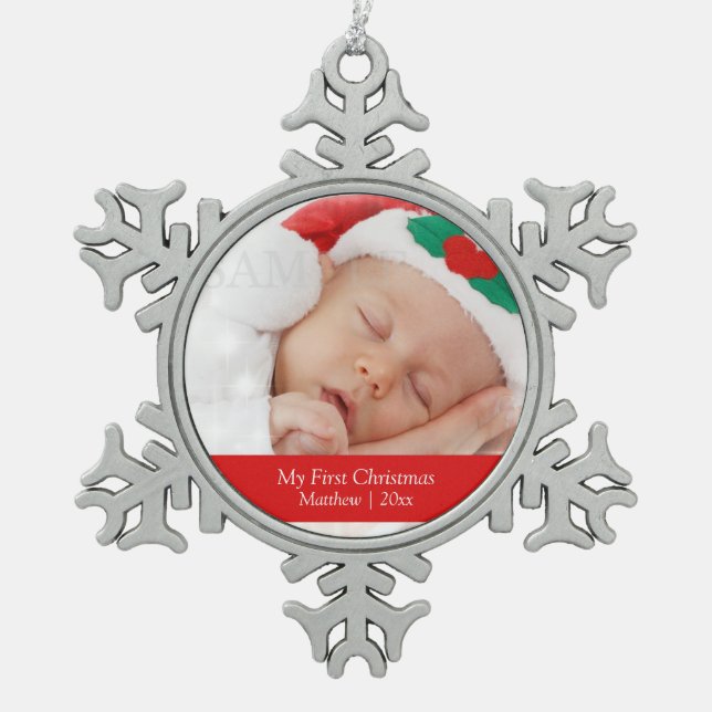 Babys First Christmas Personalised Photo Template Snowflake Pewter Christmas Ornament (Front)