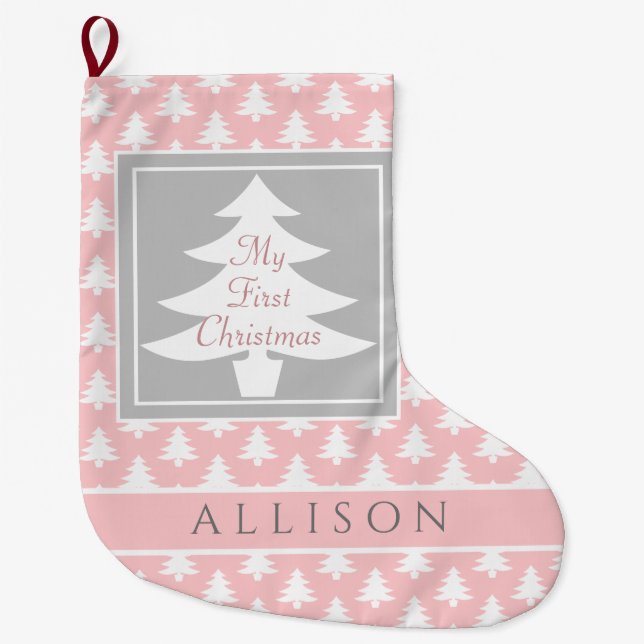 Baby's First Christmas Personalised Pink White Large Christmas Stocking (Front)